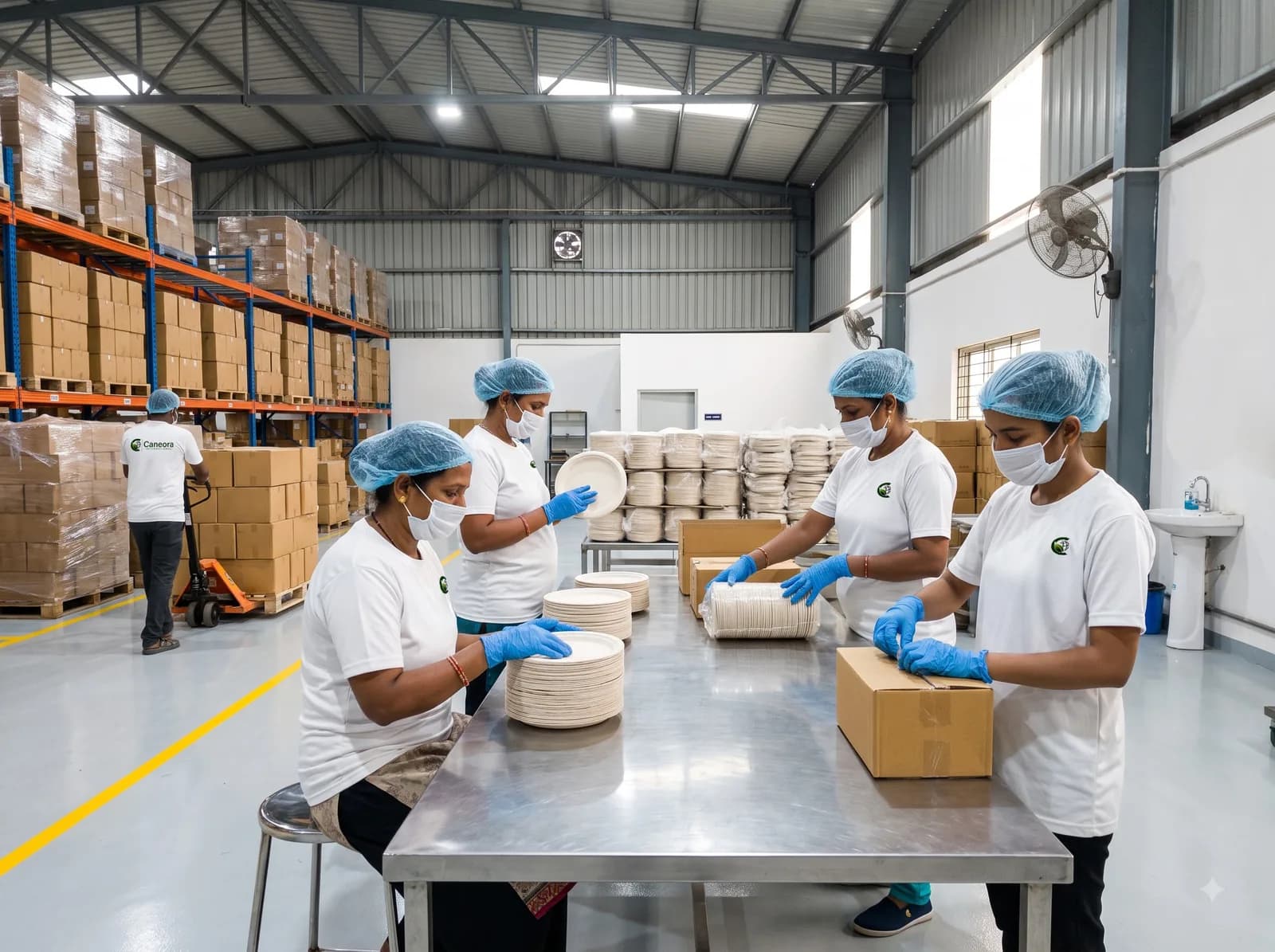 Caneora team inspecting and packing bagasse tableware for export