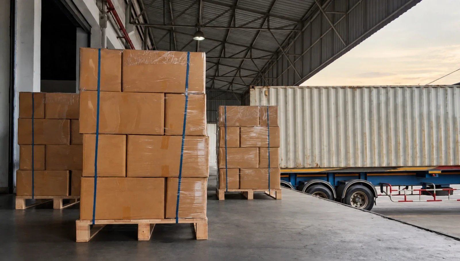 Palletised cartons at the loading dock, ready for container shipment