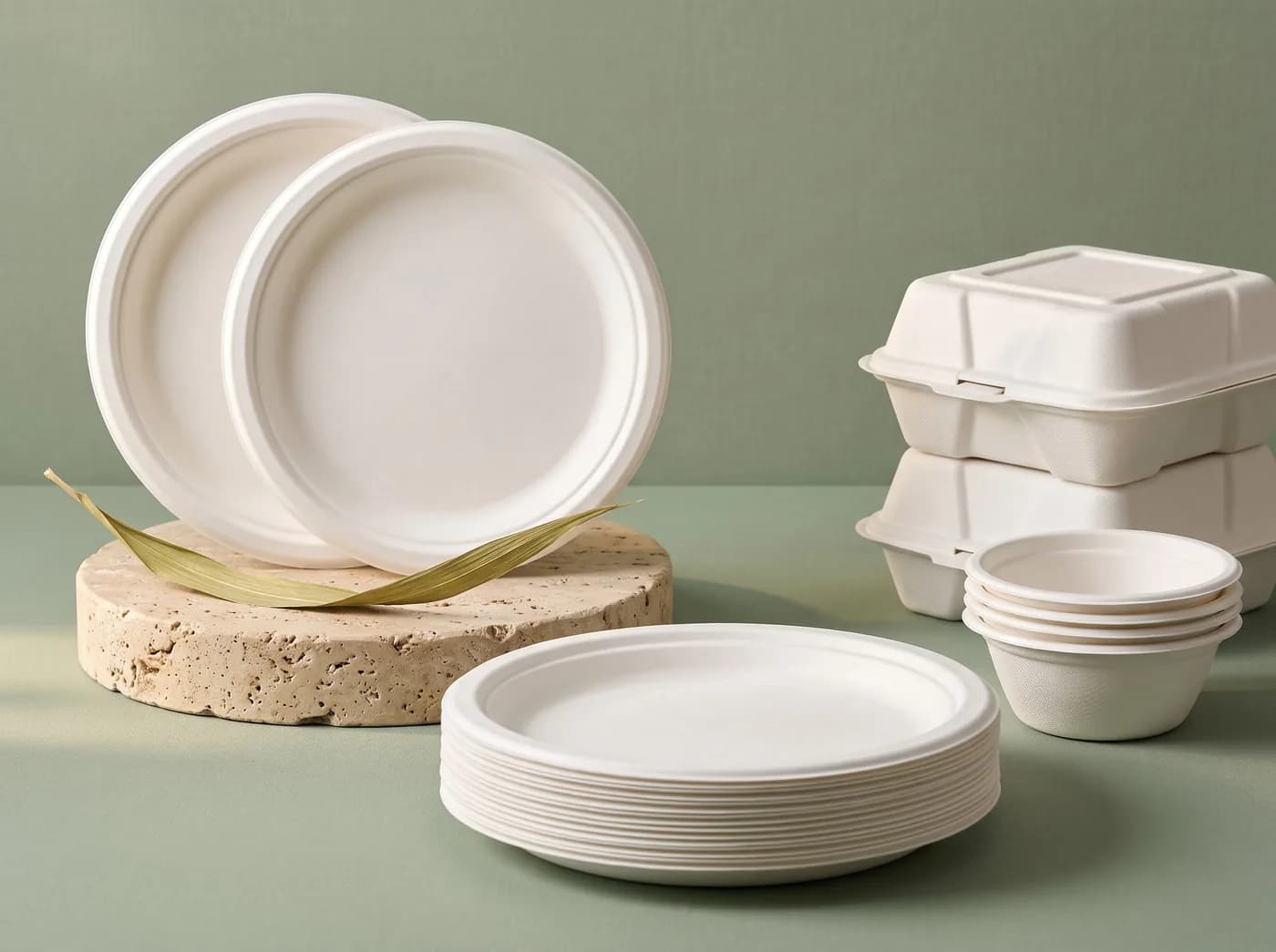 Stacked bagasse round plates, clamshells and bowls